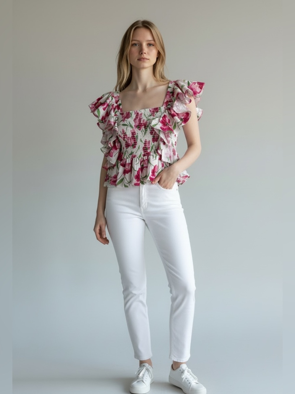 Misa pink Floral print ruffle sleeve Ruched top XS